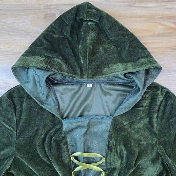 ⏭️NWT Green Medieval Renaissance Hooded Trumpet Sleeve Dress Large - Picture 6 of 15